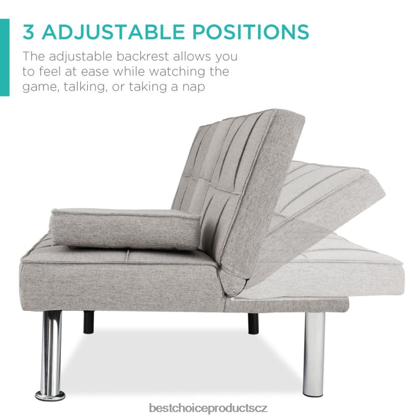 Best Choice Products lněná čalouněná rozkládací pohovka futon se 2 držáky nápojů doplněk světle šedá FF2286614