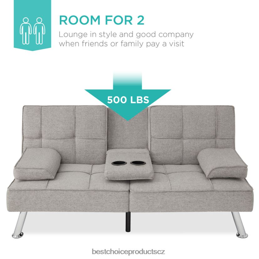 Best Choice Products lněná čalouněná rozkládací pohovka futon se 2 držáky nápojů doplněk světle šedá FF2286614