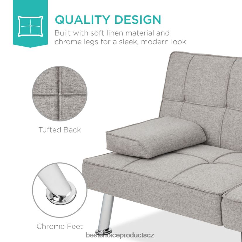 Best Choice Products lněná čalouněná rozkládací pohovka futon se 2 držáky nápojů doplněk světle šedá FF2286614