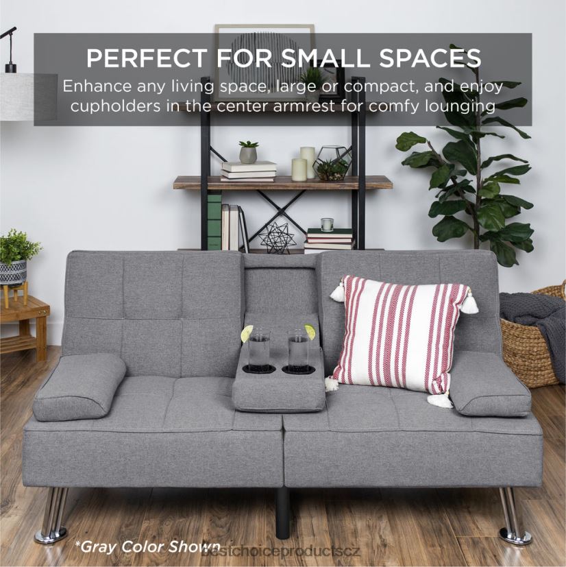 Best Choice Products lněná čalouněná rozkládací pohovka futon se 2 držáky nápojů doplněk světle šedá FF2286614