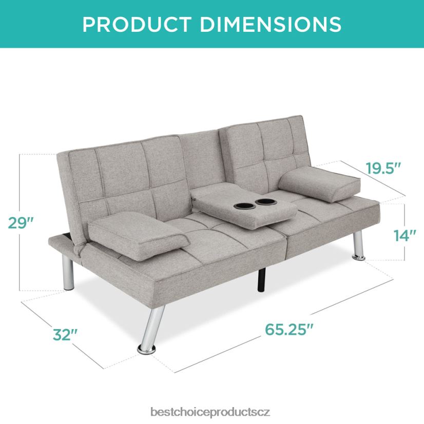 Best Choice Products lněná čalouněná rozkládací pohovka futon se 2 držáky nápojů doplněk světle šedá FF2286614