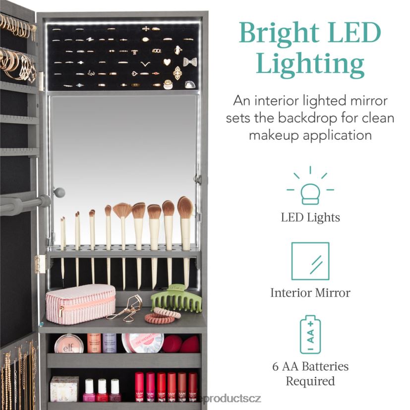 Best Choice Products Skříňka na šperky se zrcadlem na dveře/zeď s vnitřním zrcadlem, LED světly doplněk šedý dub FF2286606