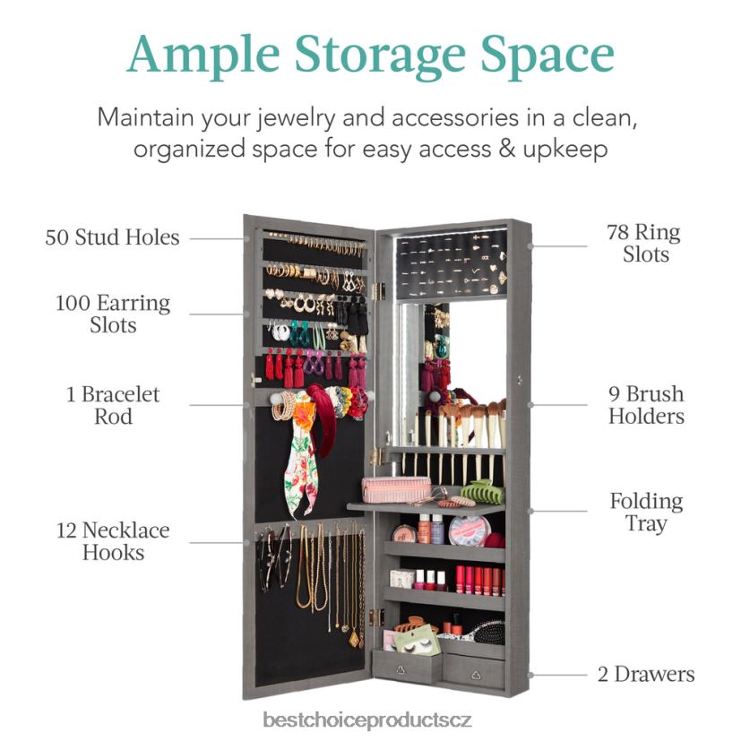 Best Choice Products Skříňka na šperky se zrcadlem na dveře/zeď s vnitřním zrcadlem, LED světly doplněk šedý dub FF2286606