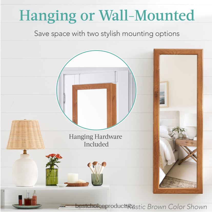 Best Choice Products Skříňka na šperky se zrcadlem na dveře/zeď s vnitřním zrcadlem, LED světly doplněk přírodní dub FF2286607