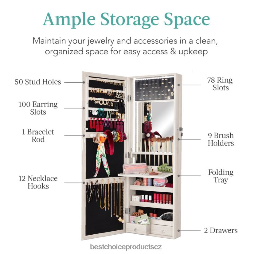 Best Choice Products Skříňka na šperky se zrcadlem na dveře/zeď s vnitřním zrcadlem, LED světly doplněk pobřežní bílá FF2286609