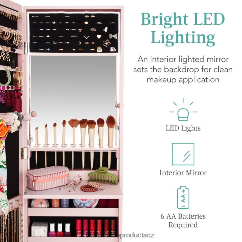 Best Choice Products Skříňka na šperky se zrcadlem na dveře/zeď s vnitřním zrcadlem, LED světly doplněk prachově růžová FF2286604