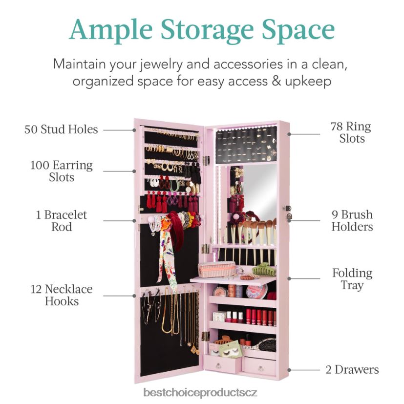Best Choice Products Skříňka na šperky se zrcadlem na dveře/zeď s vnitřním zrcadlem, LED světly doplněk prachově růžová FF2286604