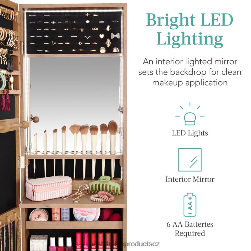 Best Choice Products Skříňka na šperky se zrcadlem na dveře/zeď s vnitřním zrcadlem, LED světly doplněk rustikální hnědá FF2286601