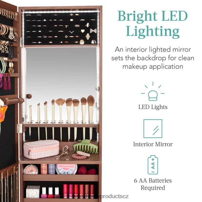 Best Choice Products Skříňka na šperky se zrcadlem na dveře/zeď s vnitřním zrcadlem, LED světly doplněk vlašský ořech FF2286603