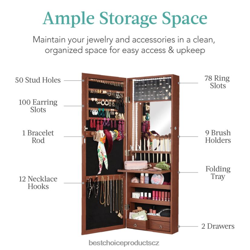 Best Choice Products Skříňka na šperky se zrcadlem na dveře/zeď s vnitřním zrcadlem, LED světly doplněk vlašský ořech FF2286603