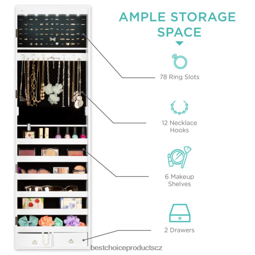Best Choice Products Šestipatrová zrcadlová skříň na šperky s LED světly doplněk bílý FF2286712