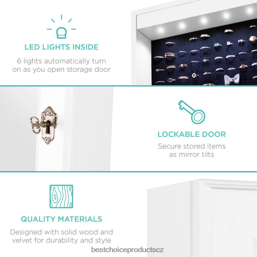 Best Choice Products Šestipatrová zrcadlová skříň na šperky s LED světly doplněk bílý FF2286712