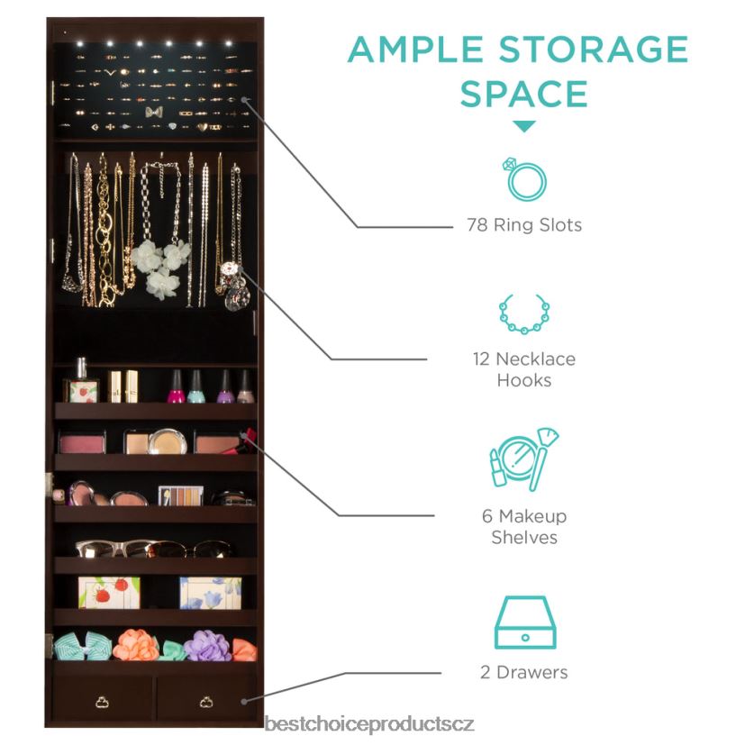 Best Choice Products Šestipatrová zrcadlová skříň na šperky s LED světly doplněk espresso FF2286711