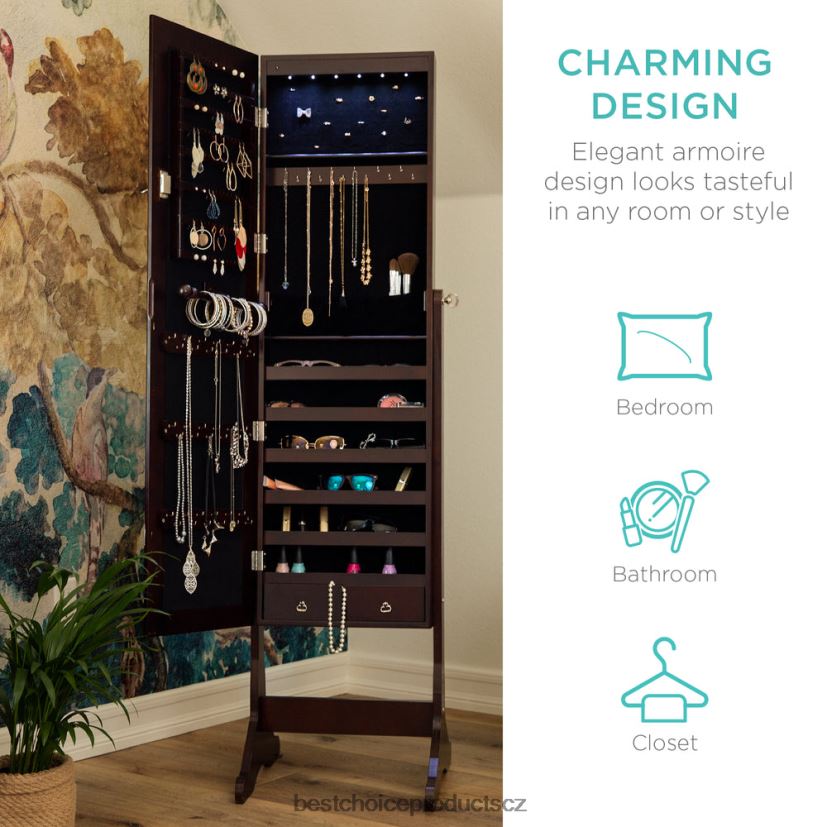 Best Choice Products Šestipatrová zrcadlová skříň na šperky s LED světly doplněk espresso FF2286711