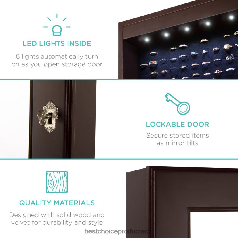 Best Choice Products Šestipatrová zrcadlová skříň na šperky s LED světly doplněk espresso FF2286711