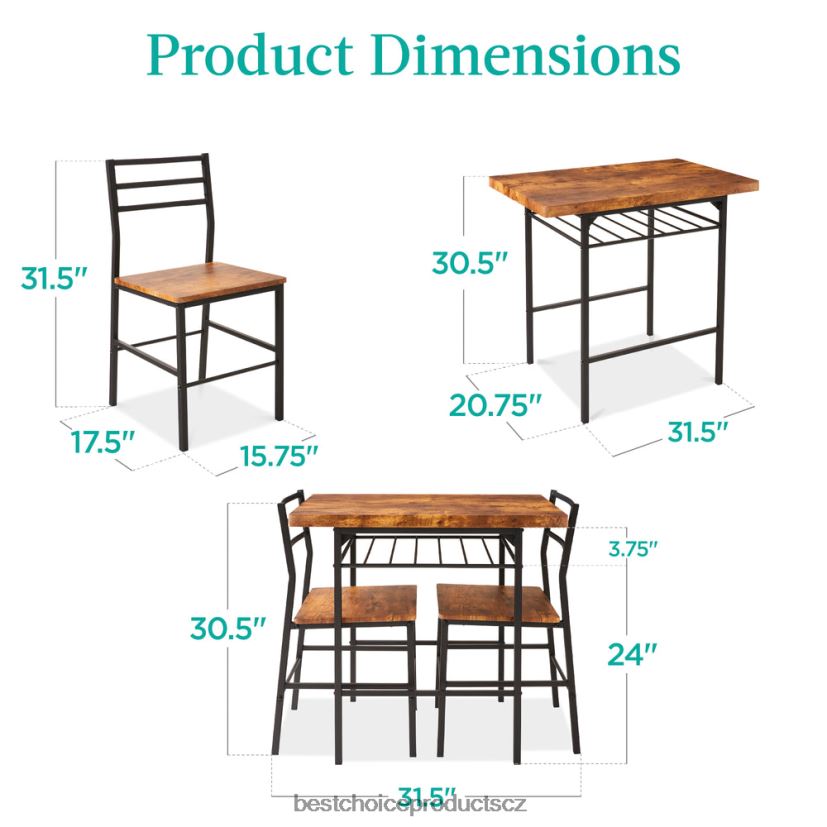 Best Choice Products 3dílný moderní čtvercový jídelní set s úložným roštem doplněk hnědý FF2286638