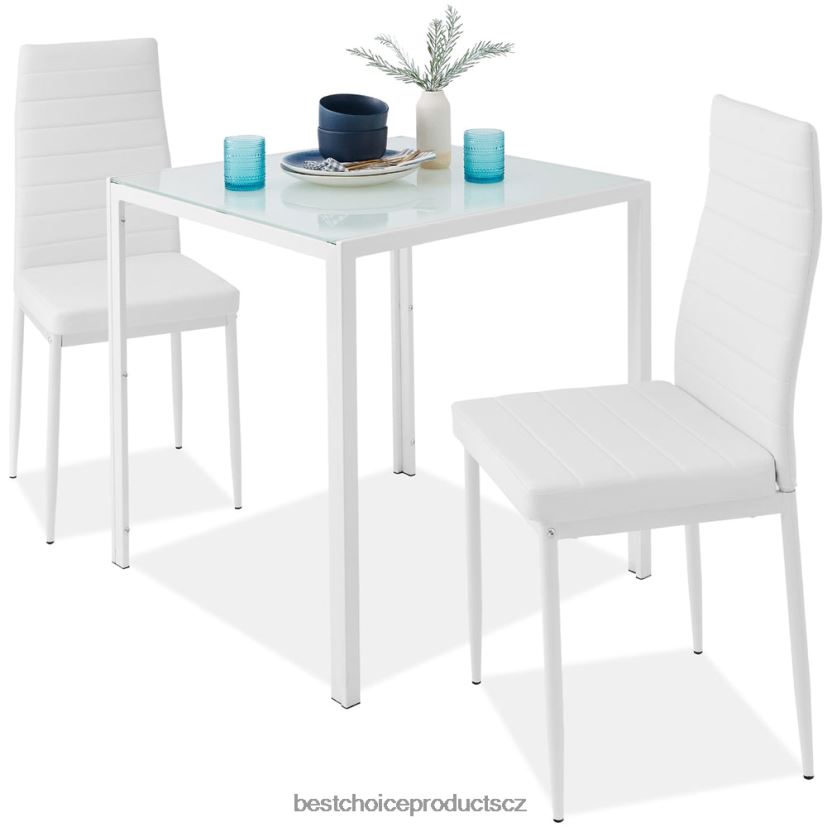 Best Choice Products 3dílná sada jídelního stolu se skleněnou deskou, kožené židle doplněk bílý FF2286673