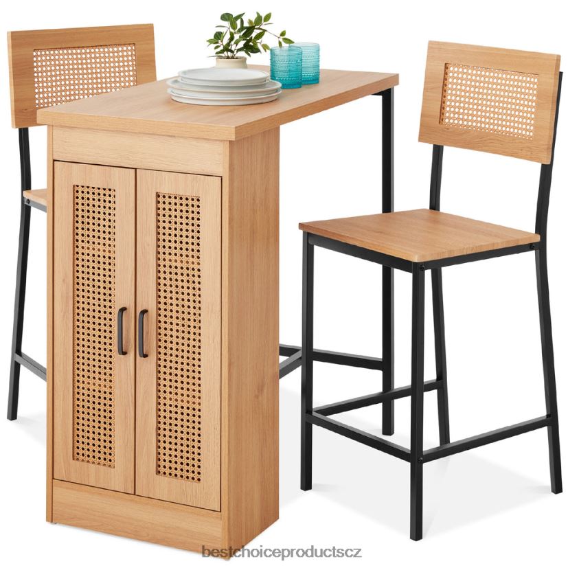 Best Choice Products 3dílná sada ratanového kuchyňského jídelního stolu s výškou pultu s úložnými policemi doplněk přírodní FF2286391