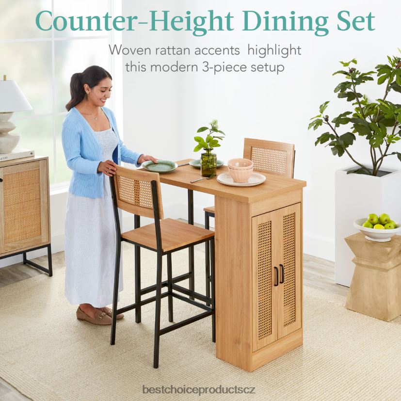 Best Choice Products 3dílná sada ratanového kuchyňského jídelního stolu s výškou pultu s úložnými policemi doplněk přírodní FF2286391