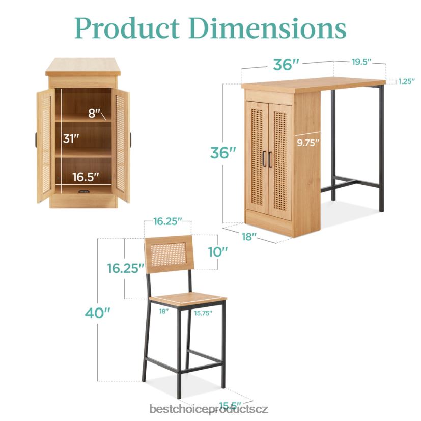 Best Choice Products 3dílná sada ratanového kuchyňského jídelního stolu s výškou pultu s úložnými policemi doplněk přírodní FF2286391