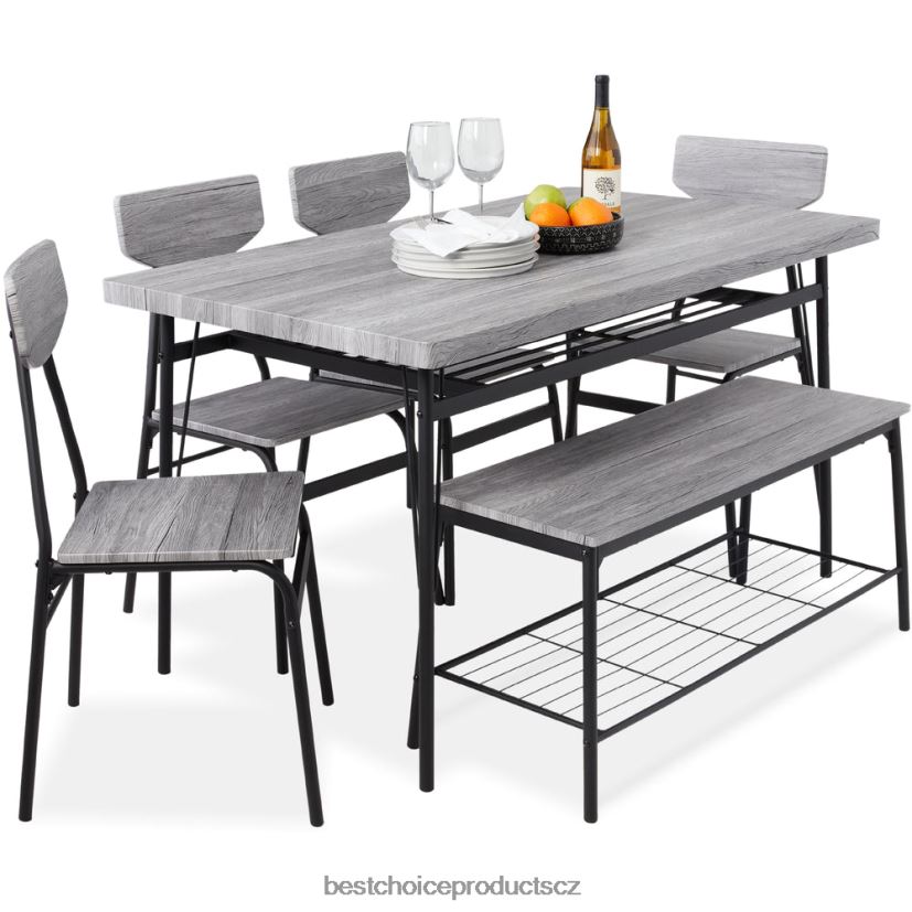Best Choice Products 6dílný moderní jídelní set s odkládacími poličkami, stolem, lavicí, 4 židlemi doplněk šedá FF2286368