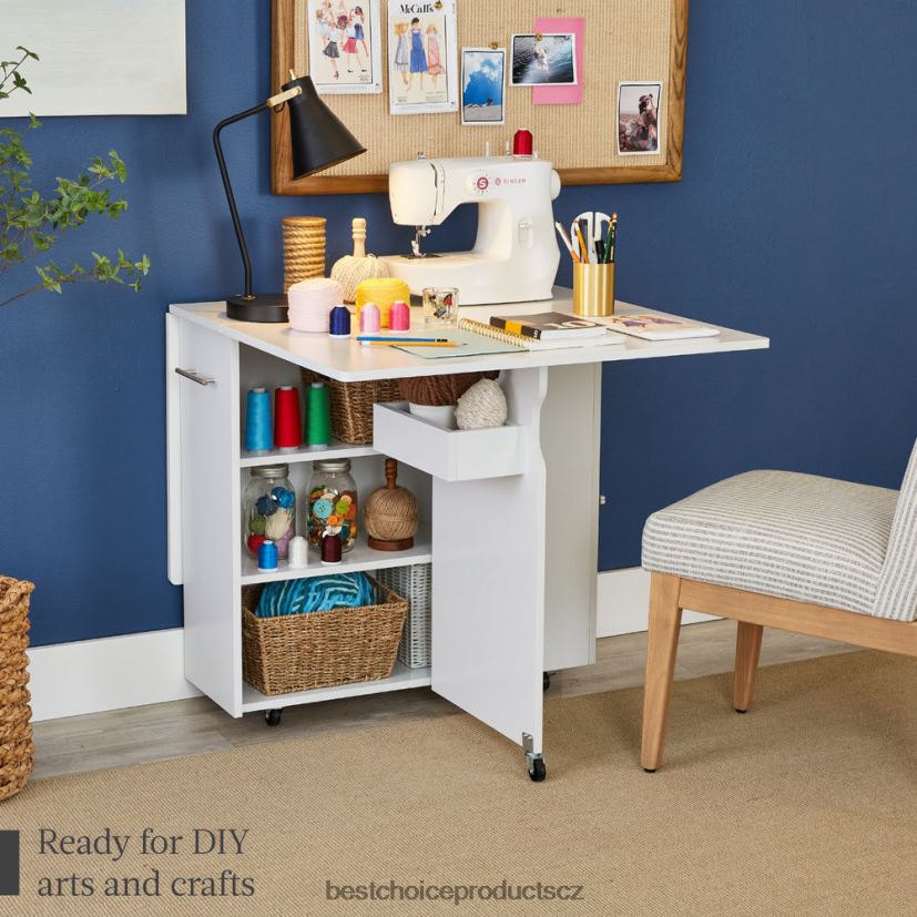 Best Choice Products víceúčelový skládací stůl s kolečky, 3 odkládací police, kóje, madlo doplněk bílý FF2286700