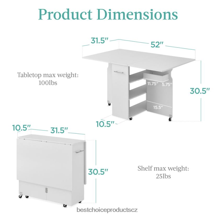 Best Choice Products víceúčelový skládací stůl s kolečky, 3 odkládací police, kóje, madlo doplněk bílý FF2286700
