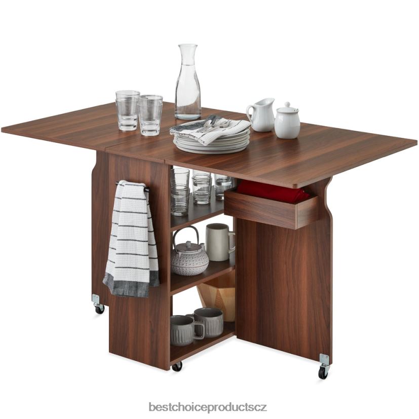 Best Choice Products víceúčelový skládací stůl s kolečky, 3 odkládací police, kóje, madlo doplněk hnědý FF2286699