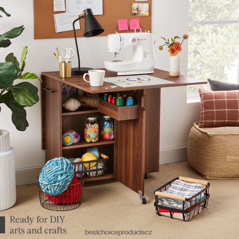 Best Choice Products víceúčelový skládací stůl s kolečky, 3 odkládací police, kóje, madlo doplněk hnědý FF2286699