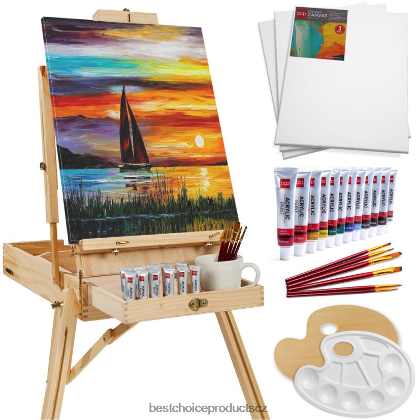 Best Choice Products Přenosný dřevěný francouzský stojan s 32dílnou sadou pro začátečníky doplněk přírodní FF22861033