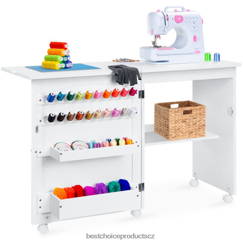 Best Choice Products skládací šicí stůl víceúčelová řemeslná stanice a odkládací stolek s kolečky doplněk bílý FF22861078