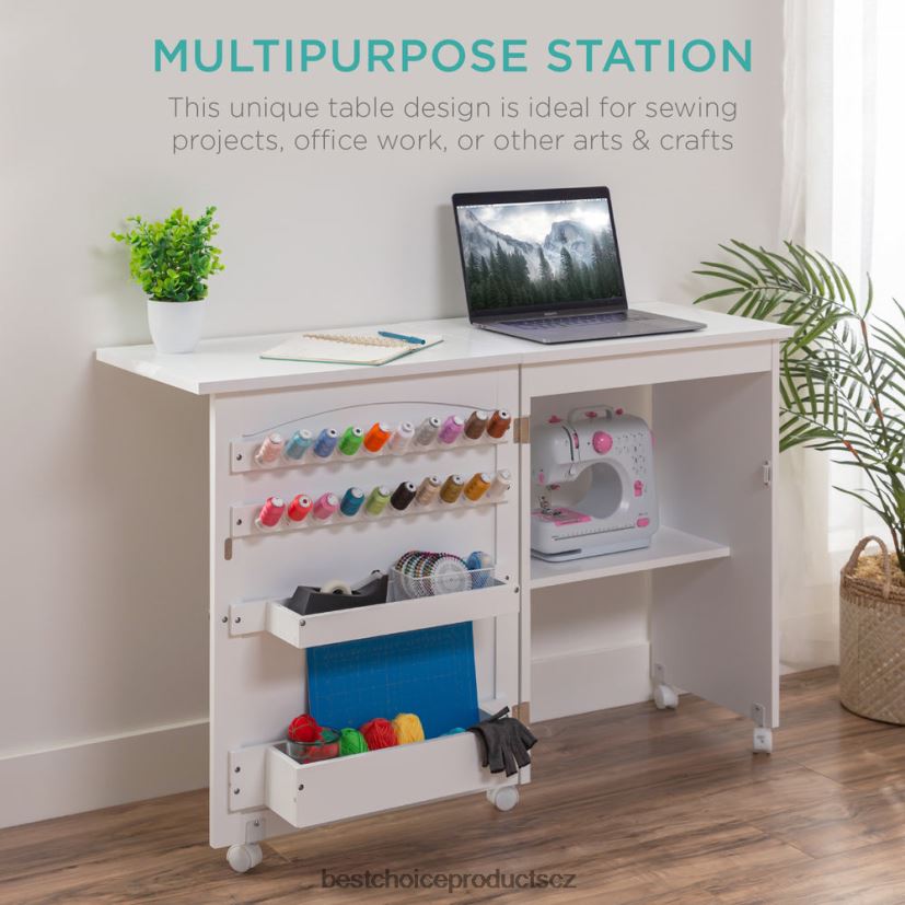Best Choice Products skládací šicí stůl víceúčelová řemeslná stanice a odkládací stolek s kolečky doplněk bílý FF22861078