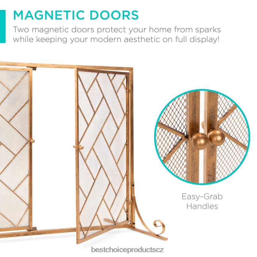 Best Choice Products 2-panelová kovaná geometrická krbová zástěna s magnetickými dvířky doplněk zlato FF2286714