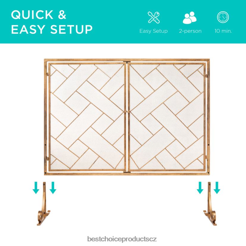 Best Choice Products 2-panelová kovaná geometrická krbová zástěna s magnetickými dvířky doplněk zlato FF2286714