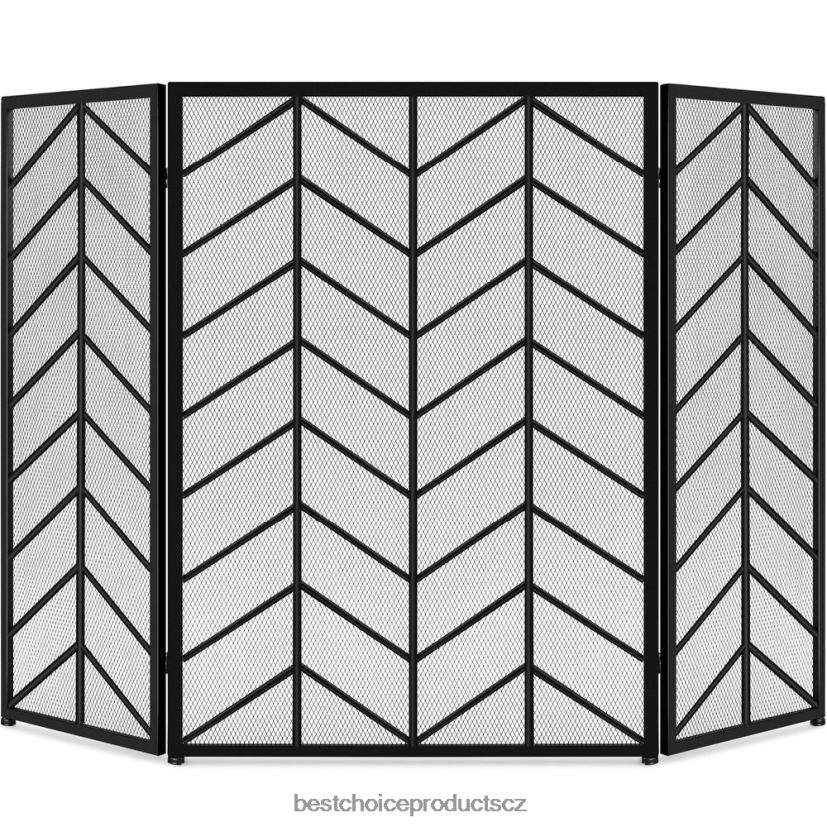 Best Choice Products 3-panelový železný chevron krbová zástěna s madly doplněk Černá FF22861261