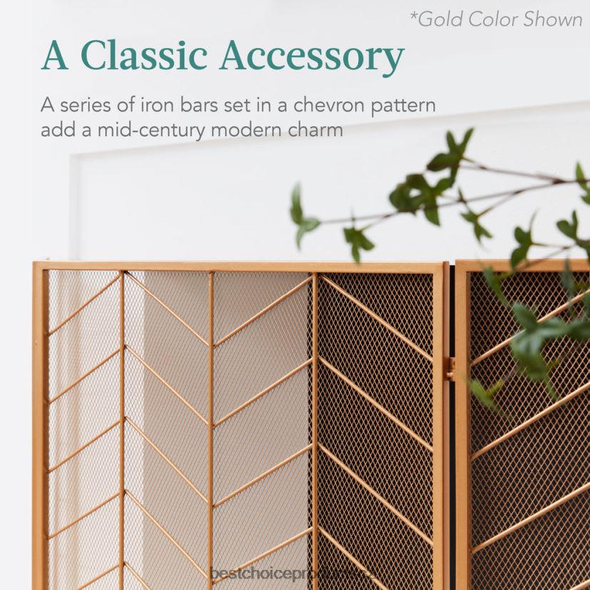 Best Choice Products 3-panelový železný chevron krbová zástěna s madly doplněk Černá FF22861261