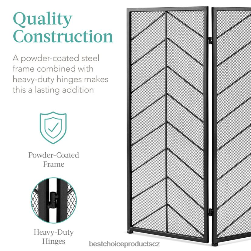 Best Choice Products 3-panelový železný chevron krbová zástěna s madly doplněk Černá FF22861261