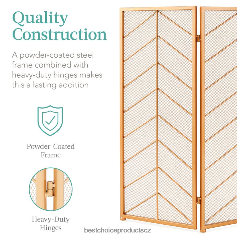 Best Choice Products 3-panelový železný chevron krbová zástěna s madly doplněk zlato FF22861260