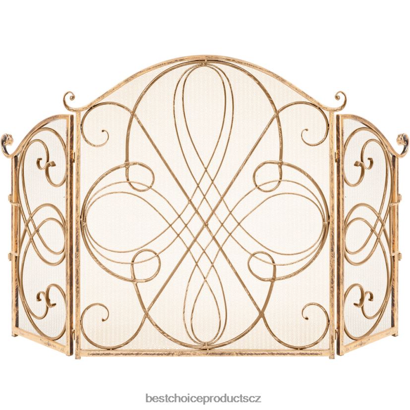 Best Choice Products 3-panelový kovový kryt krbové zástěny z tepaného železa s rolovacím designem doplněk zlato FF22861265