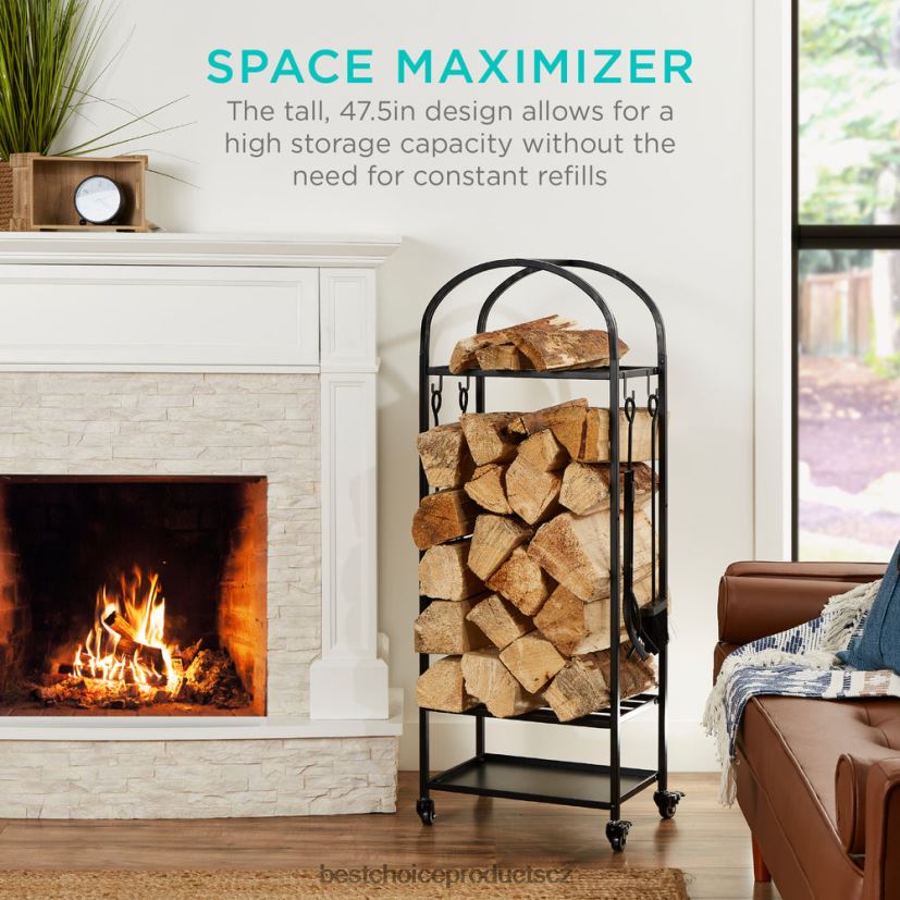 Best Choice Products 3patrový kovaný stojan na palivové dříví se 4dílnou sadou nářadí, kolečka doplněk Černá FF2286342