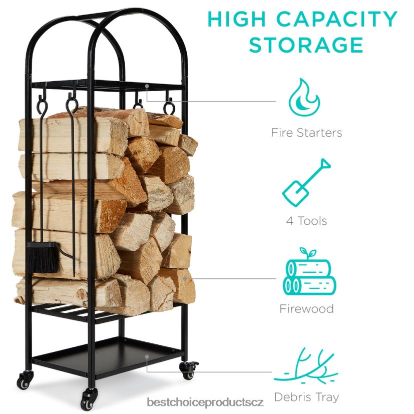 Best Choice Products 3patrový kovaný stojan na palivové dříví se 4dílnou sadou nářadí, kolečka doplněk Černá FF2286342