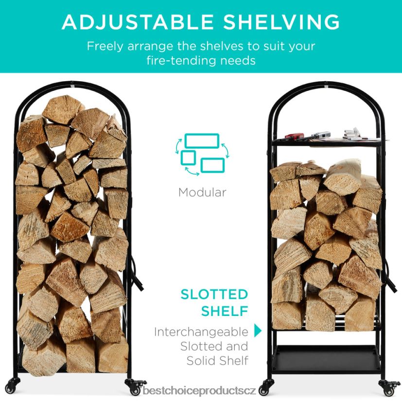 Best Choice Products 3patrový kovaný stojan na palivové dříví se 4dílnou sadou nářadí, kolečka doplněk Černá FF2286342