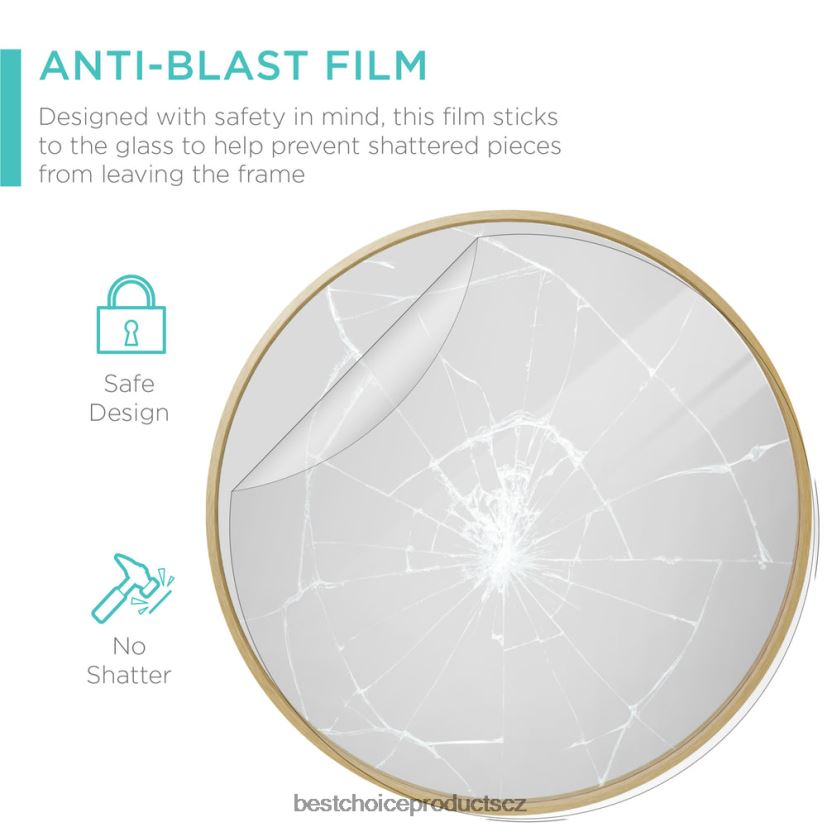 Best Choice Products kulaté nástěnné koupelnové zrcadlo v rámečku s fólií proti výbuchu doplněk matná zlatá FF2286388