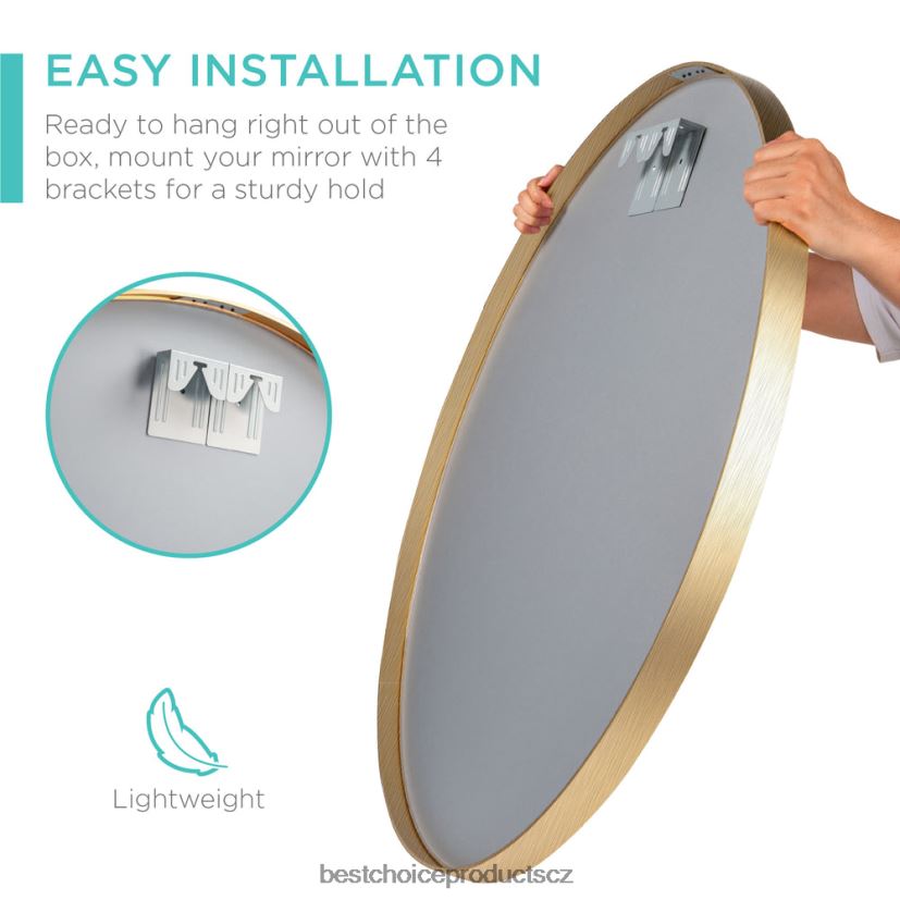 Best Choice Products kulaté nástěnné koupelnové zrcadlo v rámečku s fólií proti výbuchu doplněk matná zlatá FF2286388