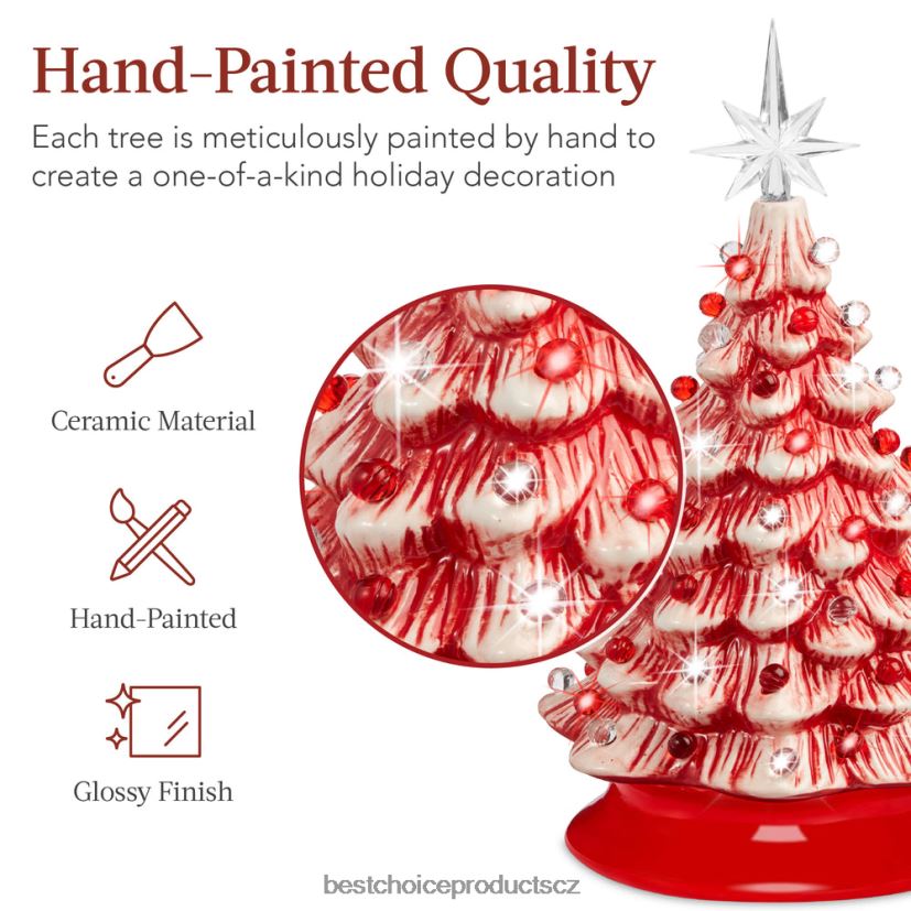 Best Choice Products předsvícený keramický stolní vánoční stromek se světly - 15in sezónní máta peprná s červenými a bílými světly FF2286218