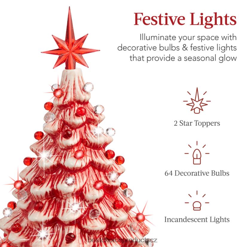 Best Choice Products předsvícený keramický stolní vánoční stromek se světly - 15in sezónní máta peprná s červenými a bílými světly FF2286218