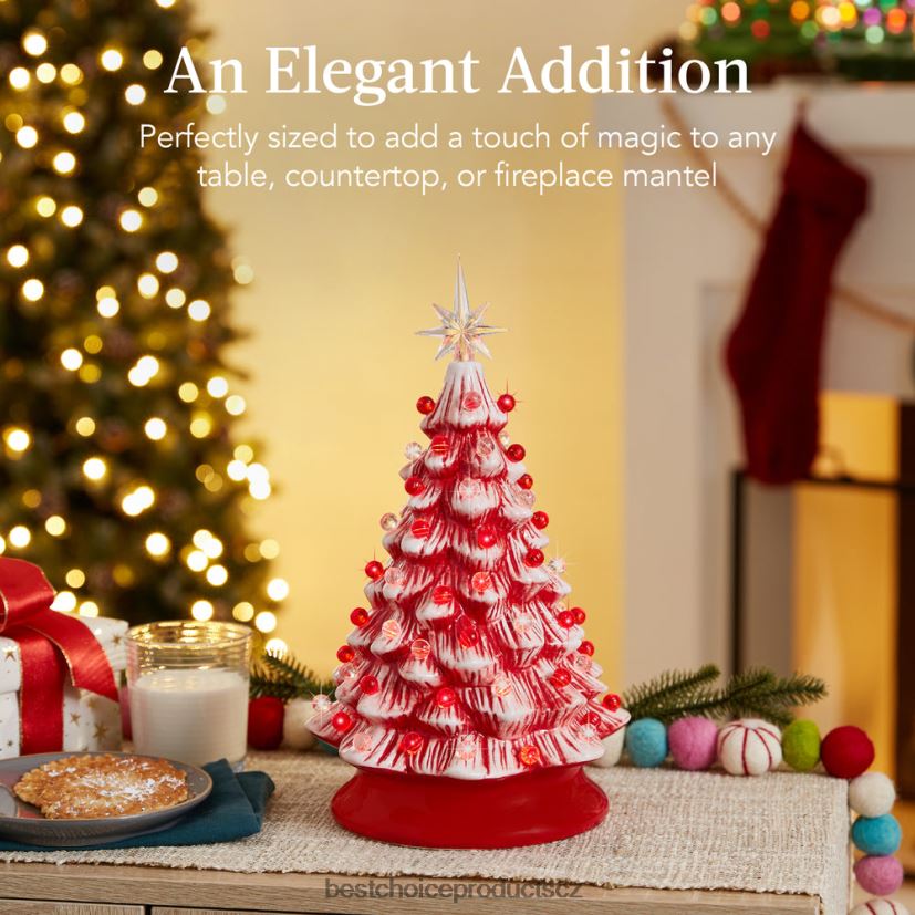 Best Choice Products předsvícený keramický stolní vánoční stromek se světly - 15in sezónní máta peprná s červenými a bílými světly FF2286218