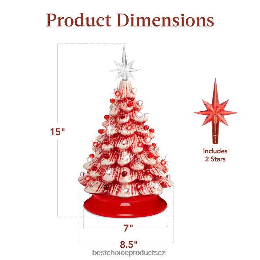 Best Choice Products předsvícený keramický stolní vánoční stromek se světly - 15in sezónní máta peprná s červenými a bílými světly FF2286218