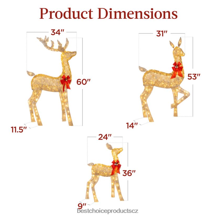 Best Choice Products 3dílná svítící vánoční jelení sada venkovní dekorace s led světly sezónní zlato FF228618