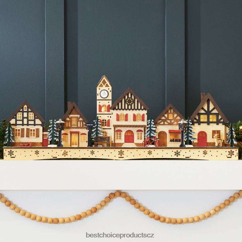 Best Choice Products předsvícená dřevěná vánoční vesnice, zimní výzdoba římsy s 20 LED světly sezónní vícebarevný FF2286243